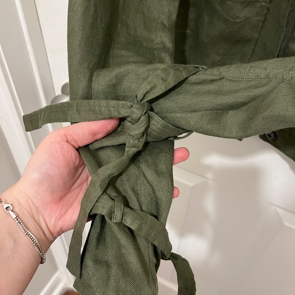 FRAME Army Olive Great Denim Tie Cuff Linen Utilitarian Pocket Jacket XS - Picture 8 of 11